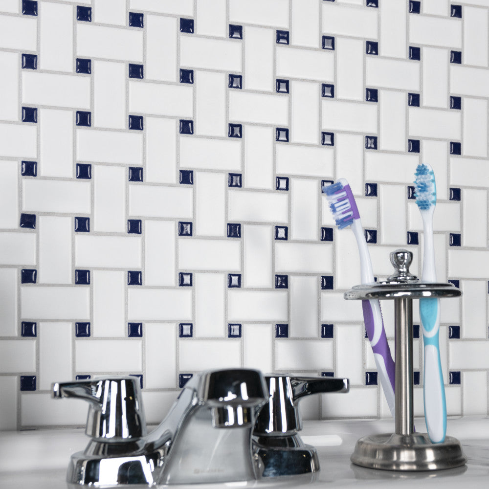 Merola Tile Metro Basketweave Matte White with Cobalt Dot 11-3/4 in. x 11-3/4 in. Porcelain Mosaic Tile (19.58 sq. ft./Case)