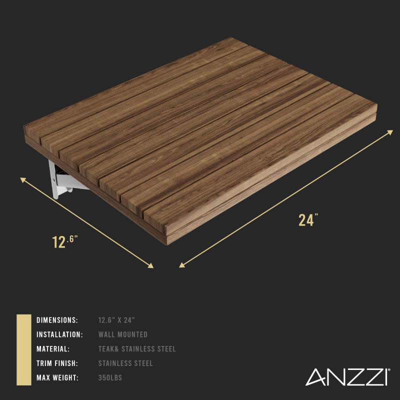 ANZZI Goreme 24 in. Wall Mounted Teak Shower Seat, ADA Compliant, 350 lb Capacity
