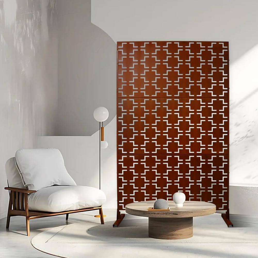 76 in. H x 48 in. W Outdoor and Indoor Freestanding Metal Decorative Privacy Screen for Deck Balcony Patio, Rusty