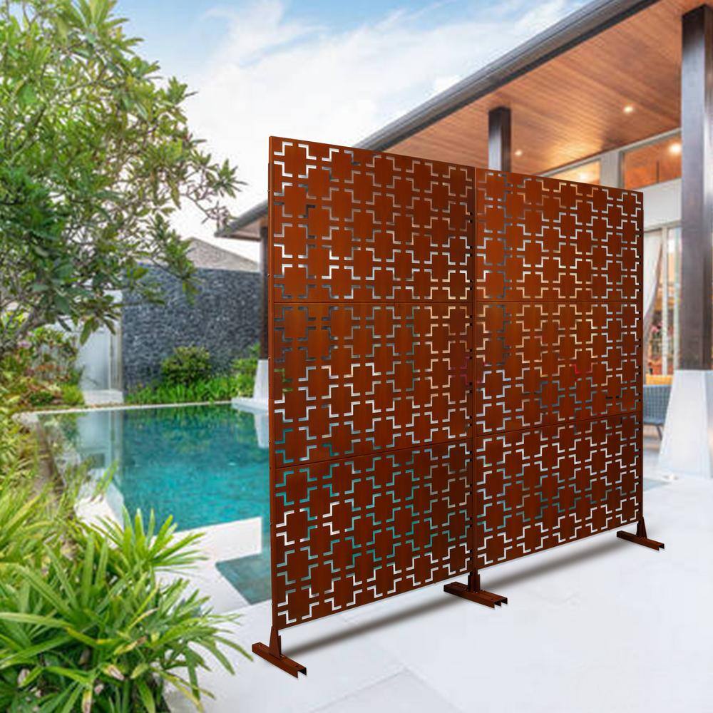 Sudzendf Outdoor and Indoor Freestanding Decorative Privacy Screen Metal Privacy Screen, Fence Panels in Rust Red