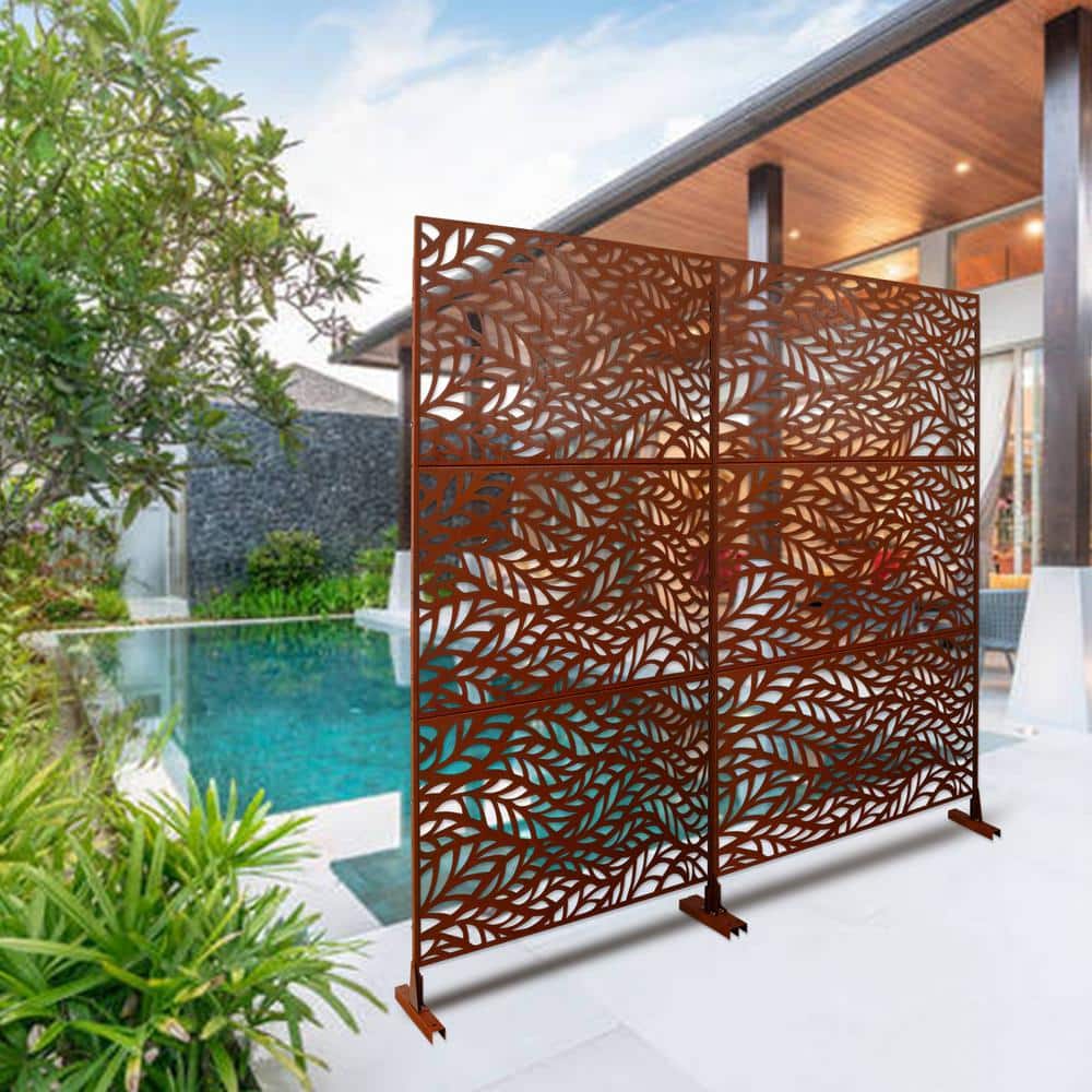 Tidoin 6.3 ft. x 4 ft. Rust Red Steel Freestanding Flat Flat Top Decorative Privacy Screen Metal Fence Panel