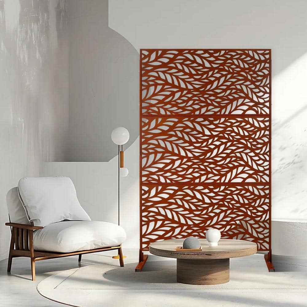 Tidoin 6.3 ft. x 4 ft. Rust Red Steel Freestanding Flat Flat Top Decorative Privacy Screen Metal Fence Panel