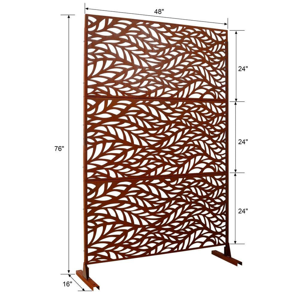 Tidoin 6.3 ft. x 4 ft. Rust Red Steel Freestanding Flat Flat Top Decorative Privacy Screen Metal Fence Panel