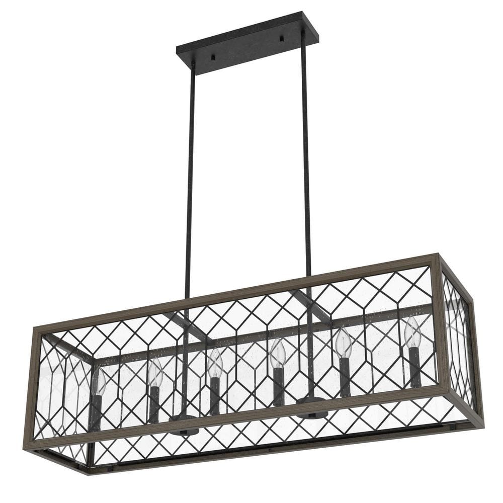Hunter Chevron 6-Light Rustic Iron Billiard Chandelier with Clear Seeded Glass Shade