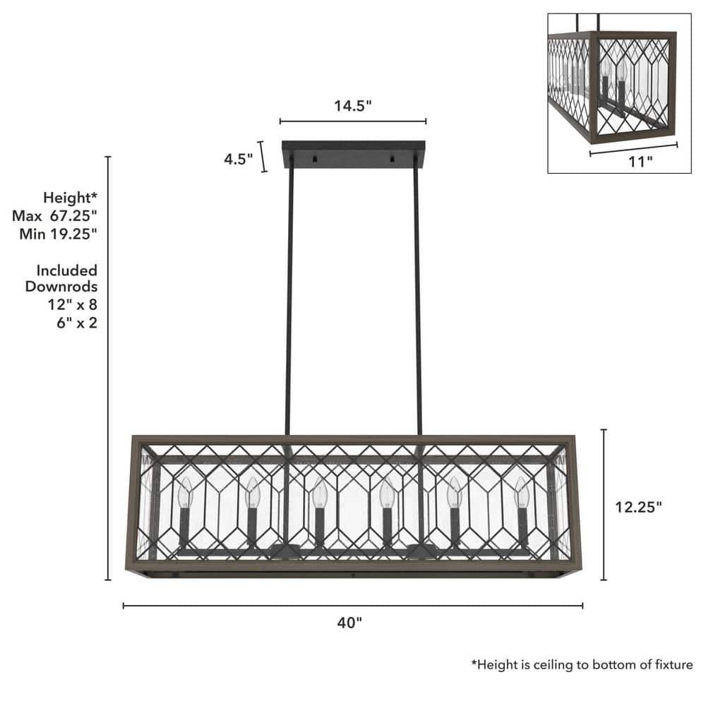 Hunter Chevron 6-Light Rustic Iron Billiard Chandelier with Clear Seeded Glass Shade