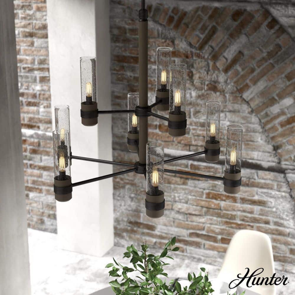 Hunter River Mill 9-Light Rustic Iron Candlestick Chandelier with Clear Seeded Glass Shades