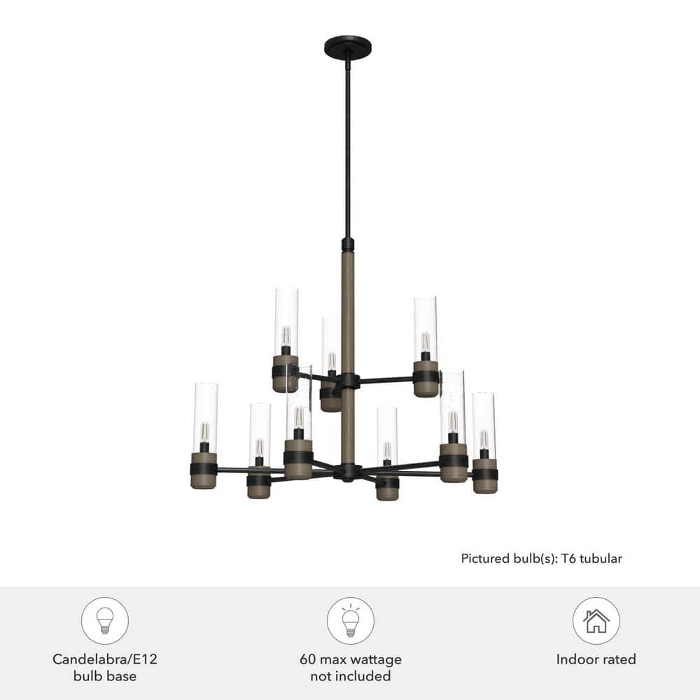 Hunter River Mill 9-Light Rustic Iron Candlestick Chandelier with Clear Seeded Glass Shades