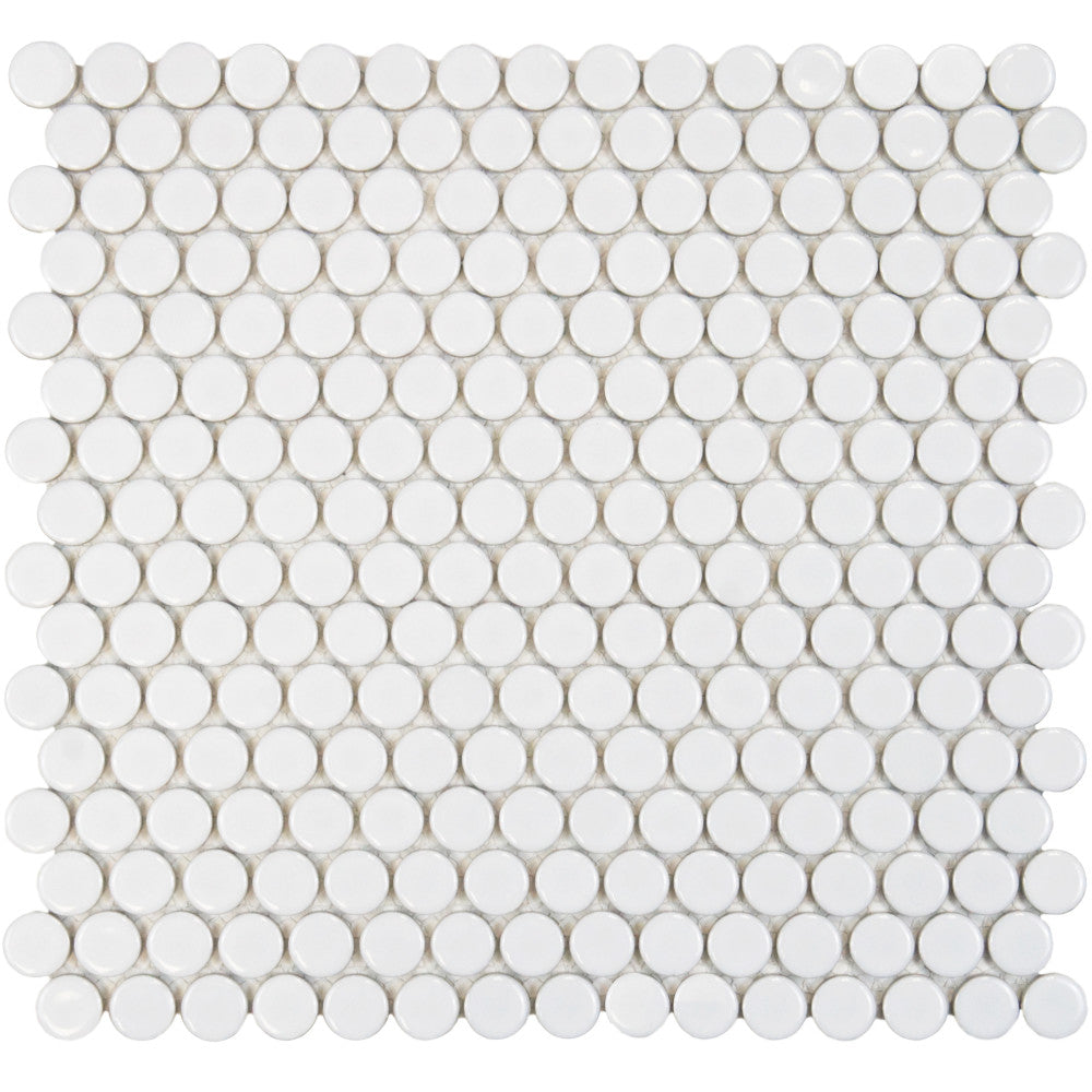 Merola Tile Hudson Penny Round Glossy White 12 in. x 12-5/8 in. x 5 mm Porcelain Mosaic Tile (10.74 sq. ft. / Case)