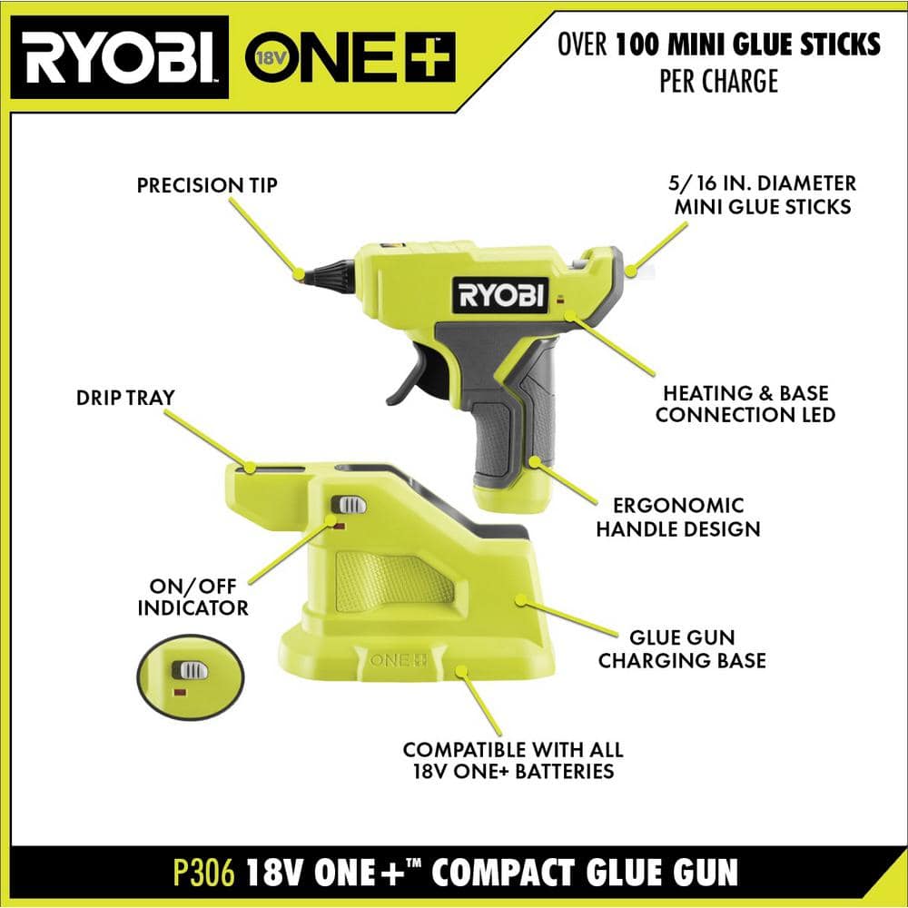 RYOBI ONE+ 18V Cordless Compact Glue Gun Kit with 1.5 Ah Battery, Charger, and Mini Size Glue Sticks (24-Piece)