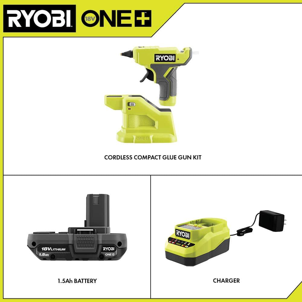 RYOBI ONE+ 18V Cordless Compact Glue Gun Kit with 1.5 Ah Battery, Charger, and Mini Size Glue Sticks (24-Piece)