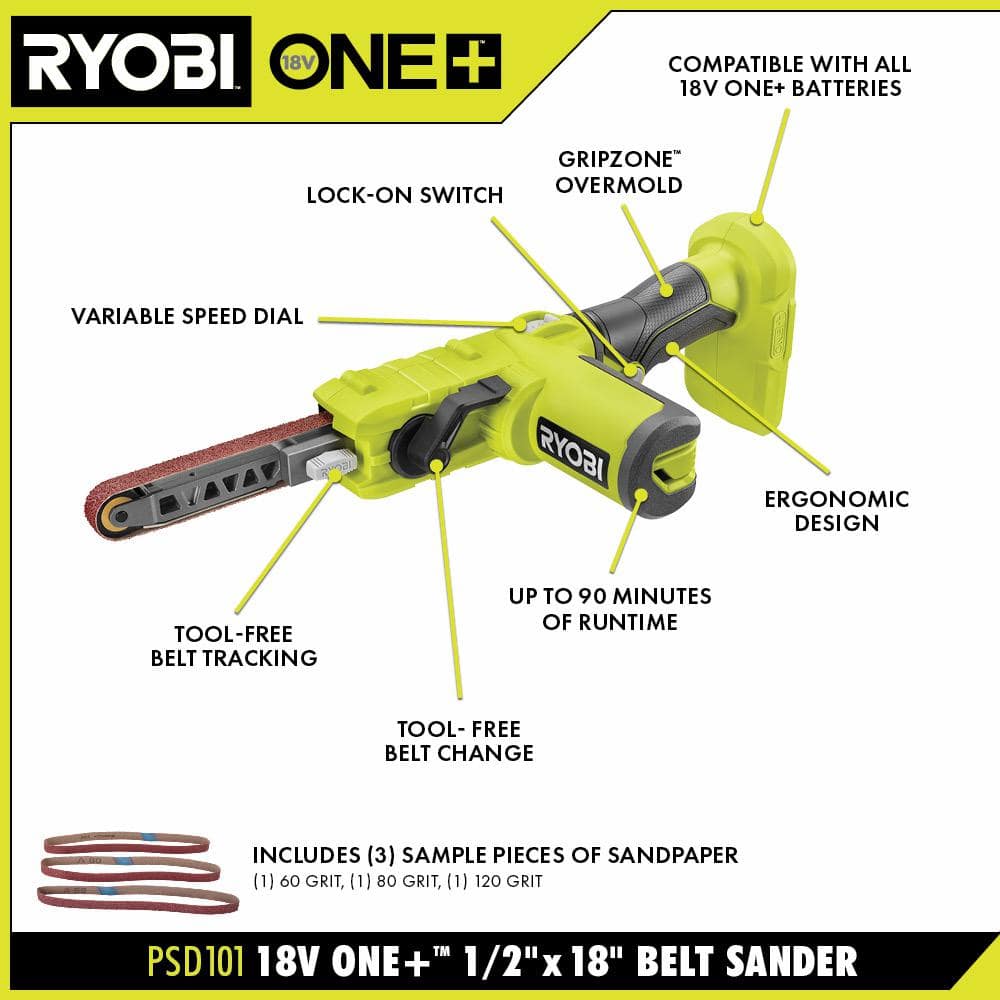 RYOBI ONE+ 18V Cordless 1/2 in. x 18 in. Belt Sander with 2.0 Ah Battery