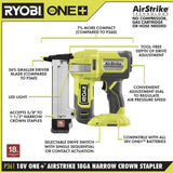 RYOBI ONE+ 18V Cordless 18-Gauge Brad Nailer with 18-Gauge Narrow Crown Stapler, 2.0 Ah Battery, and Charger