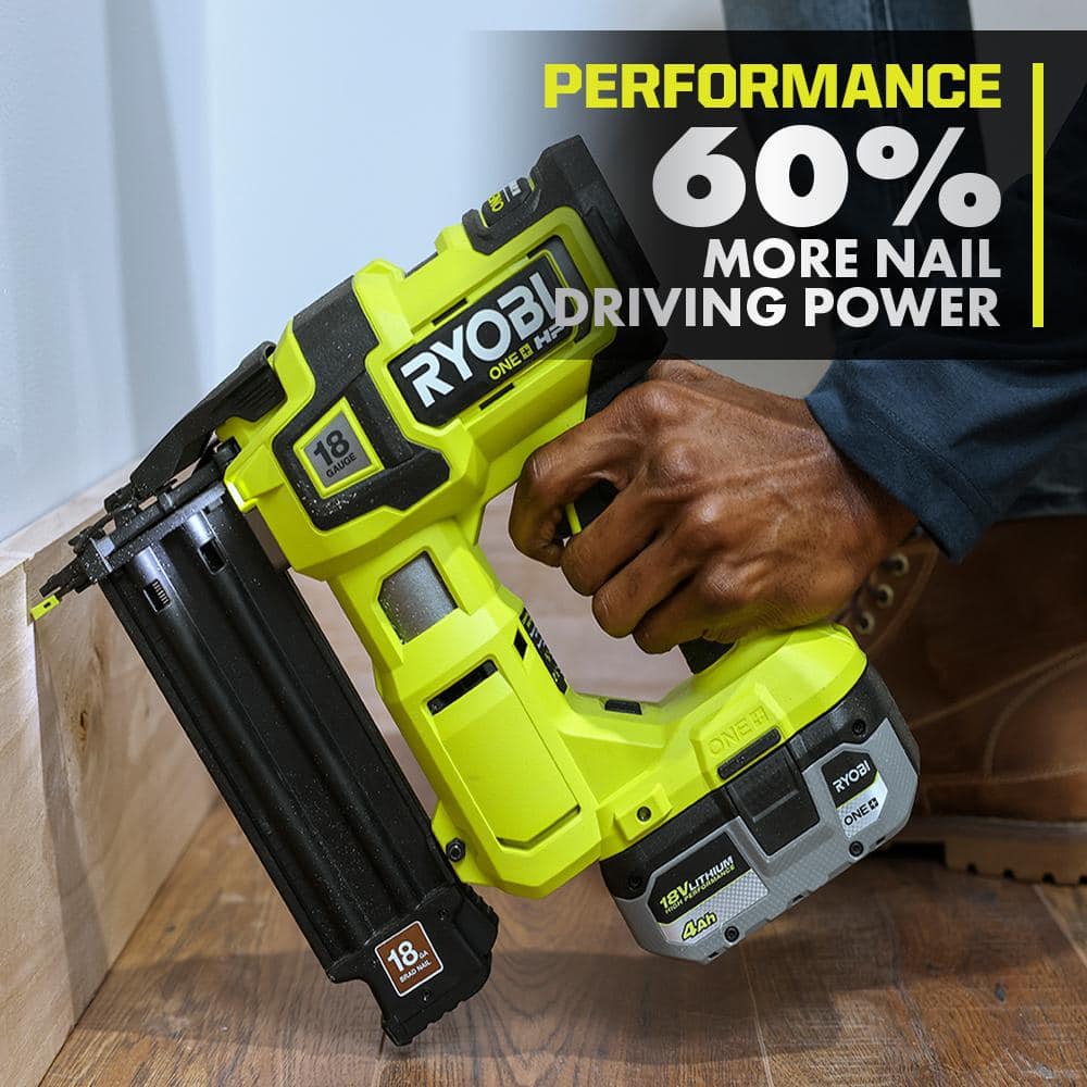 RYOBI ONE+ HP 18V 18-Gauge Brushless Cordless AirStrike Brad Nailer Kit with 4.0 Ah Battery and Charger