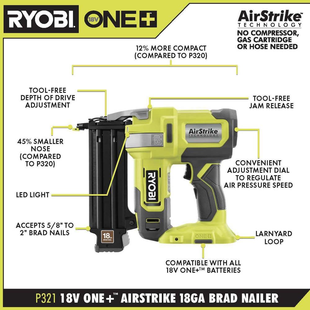 RYOBI ONE+ 18V Cordless 18-Gauge AirStrike Brad Nailer Kit with 16-Gauge AirStrike Finish Nailer, 1.5 Ah Battery, and Charger