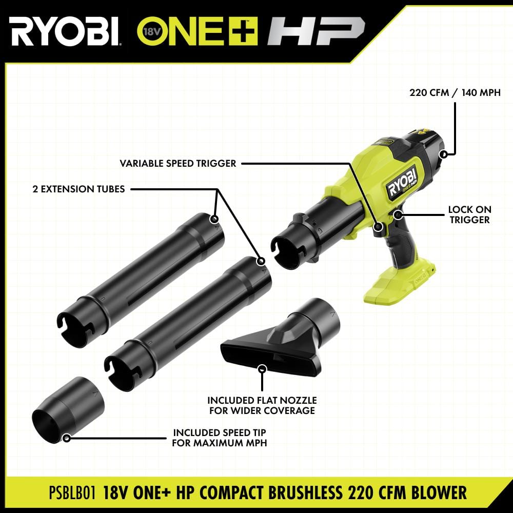 RYOBI ONE+ HP 18V Brushless Cordless 220 CFM 140 MPH Compact Blower (Tool-Only)