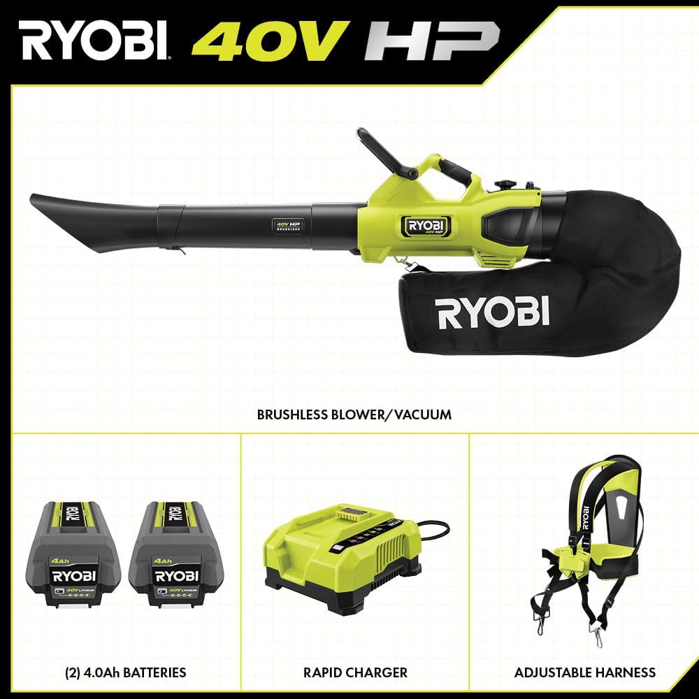 RYOBI 40V HP Brushless 100 MPH 600 CFM Cordless Leaf Blower/Mulcher/Vacuum with (2) 4.0 Ah Batteries and Charger