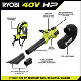 RYOBI 40V HP Brushless 100 MPH 600 CFM Cordless Leaf Blower/Mulcher/Vacuum with (2) 4.0 Ah Batteries and Charger