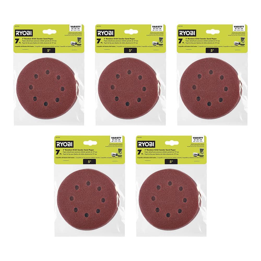 RYOBI 35-Piece 5 in. Random Orbit Sand Paper Assortment Set - 80, 120, and 220 Grit