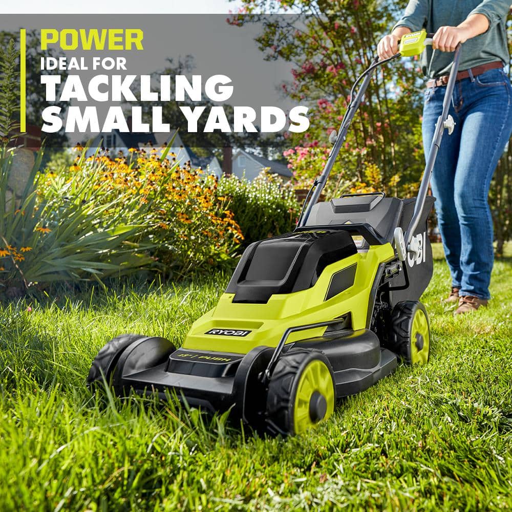 RYOBI One+ 18-Volt 13 in. Cordless Battery Walk Behind Push Lawn Mower and 250 CFM Blower with (2) Batteries and (2) Chargers