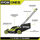 RYOBI One+ 18-Volt 13 in. Cordless Battery Walk Behind Push Lawn Mower and 250 CFM Blower with (2) Batteries and (2) Chargers