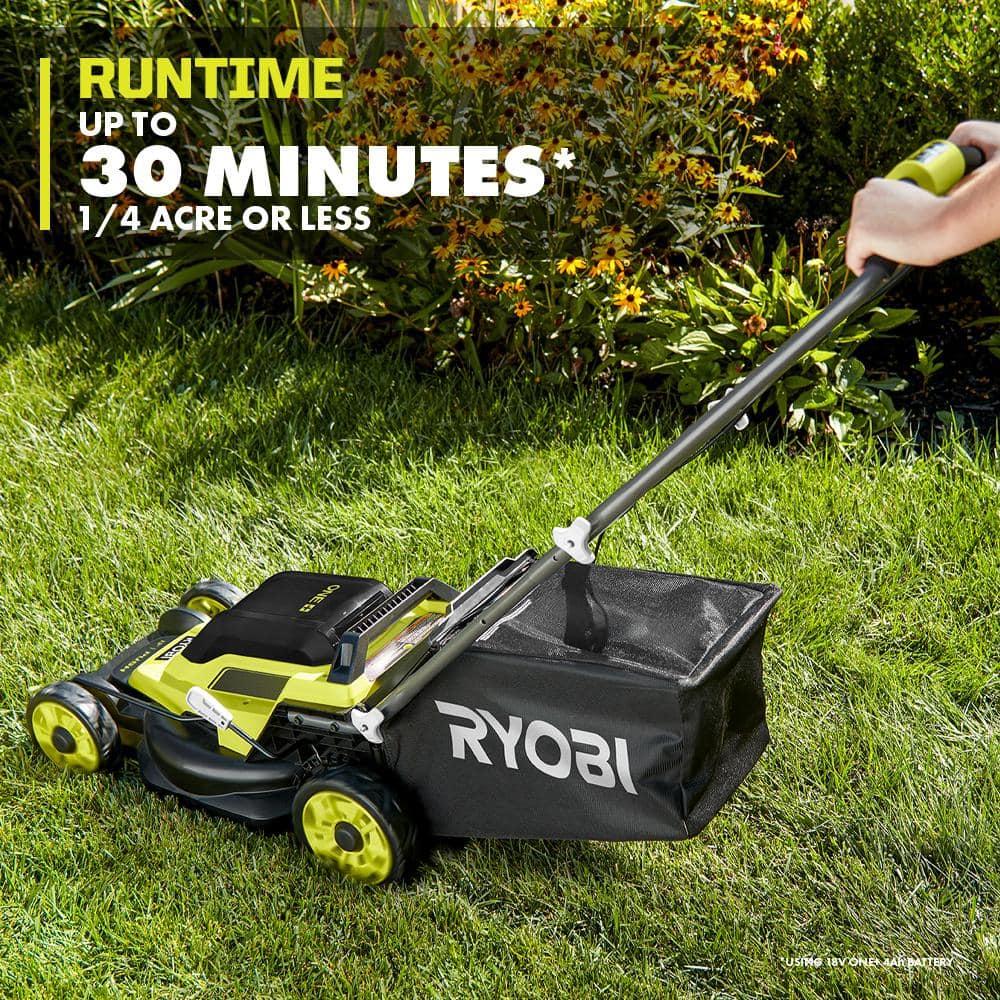 RYOBI One+ 18-Volt 13 in. Cordless Battery Walk Behind Push Lawn Mower and 250 CFM Blower with (2) Batteries and (2) Chargers