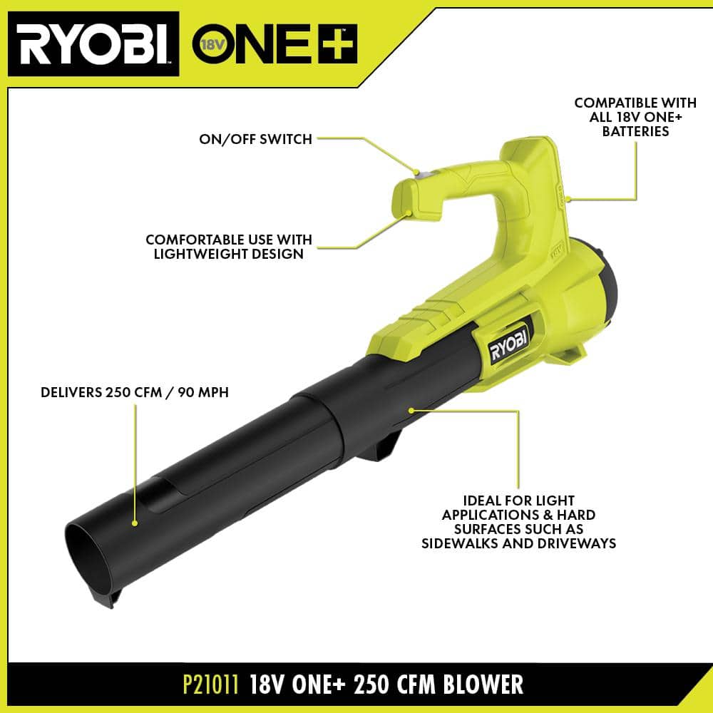 RYOBI One+ 18-Volt 13 in. Cordless Battery Walk Behind Push Lawn Mower and 250 CFM Blower with (2) Batteries and (2) Chargers