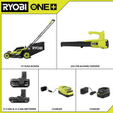 RYOBI One+ 18-Volt 13 in. Cordless Battery Walk Behind Push Lawn Mower and 250 CFM Blower with (2) Batteries and (2) Chargers