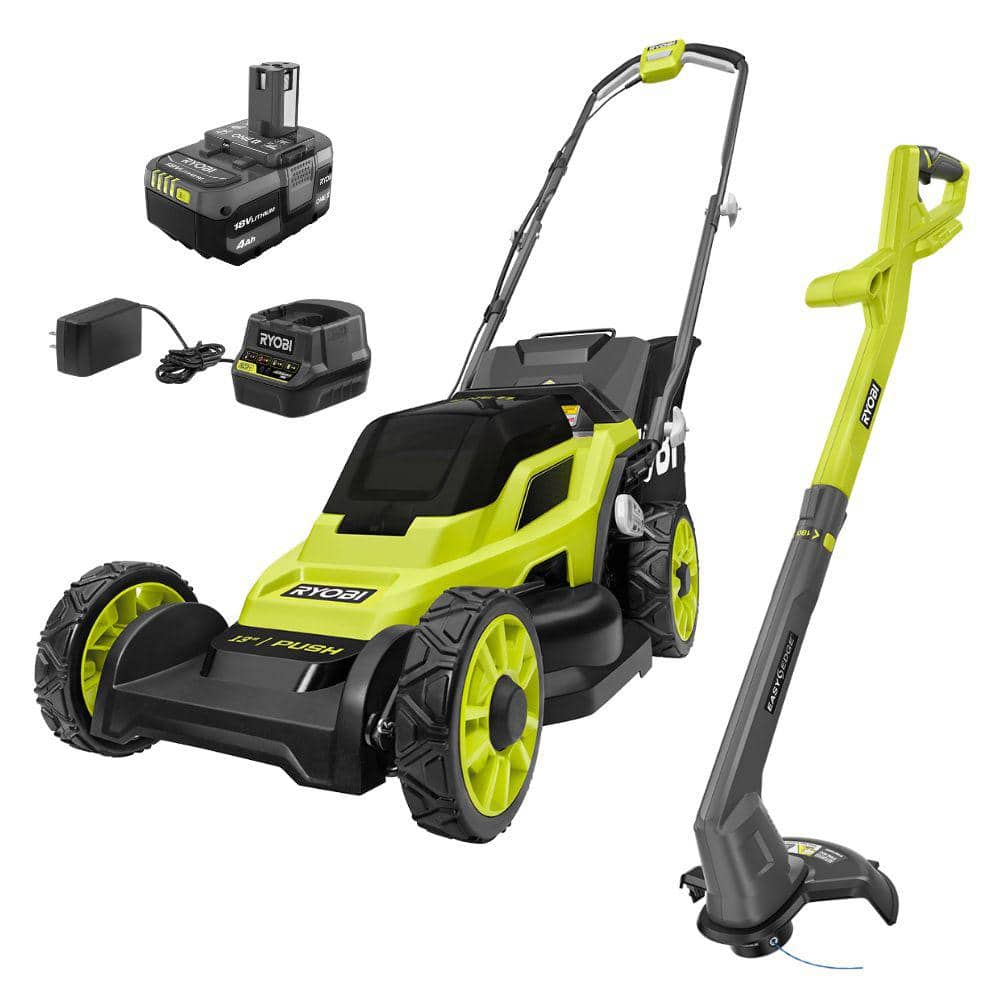 RYOBI ONE+ 18V 13 in. Cordless Push Lawn Mower & 10 in. String Trimmer/Edger Combo, 4.0 Ah Battery and Charger Included