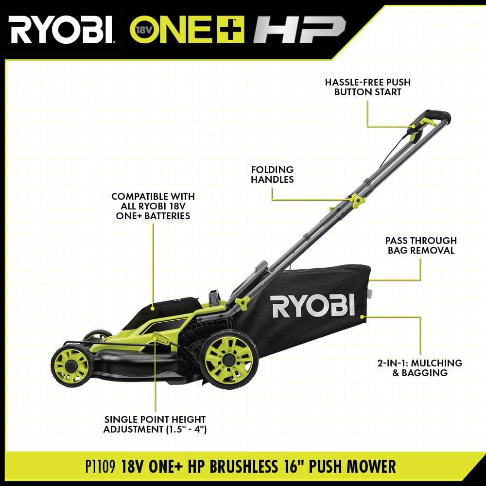 RYOBI ONE+ HP 18V Brushless 16 in. Cordless Battery Push Lawn Mower, String Trimmer & Blower w/(3) Batteries & (2) Chargers