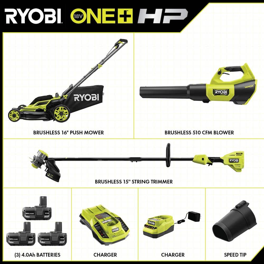 RYOBI ONE+ HP 18V Brushless 16 in. Cordless Battery Push Lawn Mower, String Trimmer & Blower w/(3) Batteries & (2) Chargers