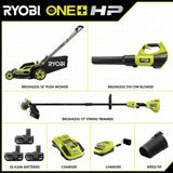 RYOBI ONE+ HP 18V Brushless 16 in. Cordless Battery Push Lawn Mower, String Trimmer & Blower w/(3) Batteries & (2) Chargers