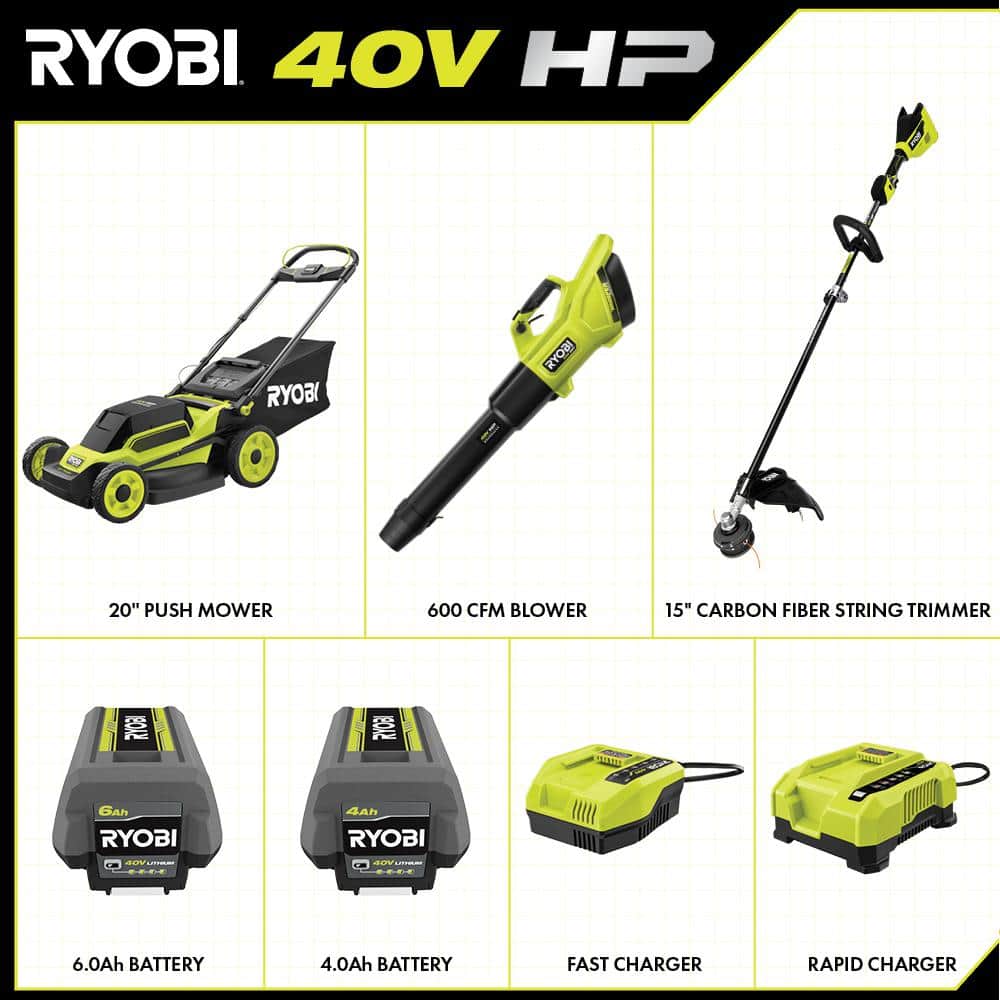 RYOBI 40V HP Brushless 20 in. Cordless Battery Walk Behind Push Mower, String Trimmer, & Blower - Batteries and Chargers