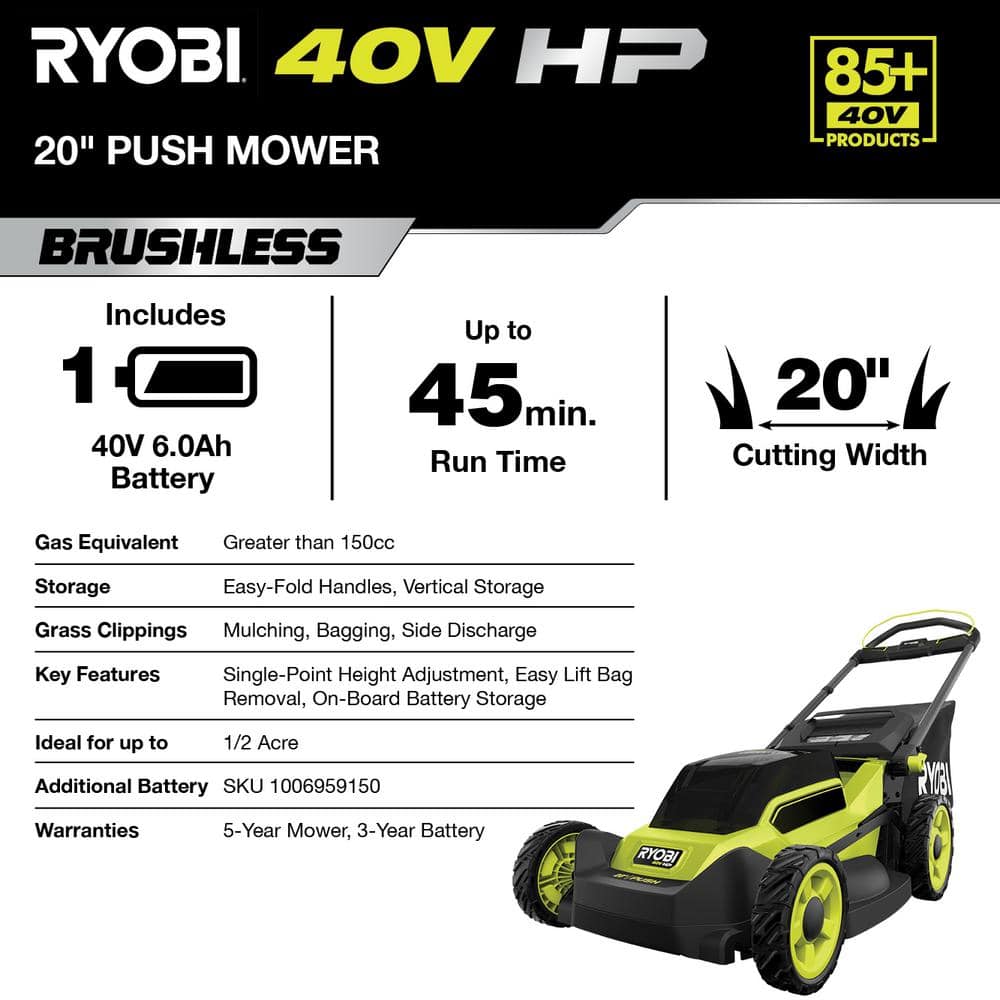 RYOBI 40V HP Brushless 20 in. Cordless Battery Walk Behind Push Mower, String Trimmer, & Blower - Batteries and Chargers