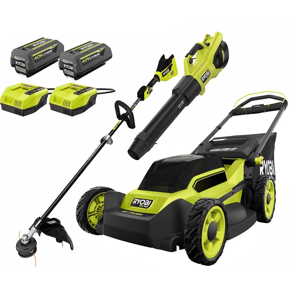 RYOBI 40V HP Brushless 20 in. Cordless Battery Walk Behind Push Mower, String Trimmer, & Blower - Batteries and Chargers