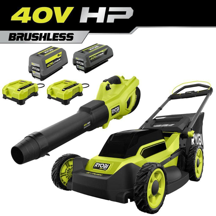 RYOBI 20 in. 40V HP Brushless Cordless Push Lawn Mower & 650 CFM Blower Kit with 6.0 Ah Battery, 4.0 Ah Battery & Fast Chargers