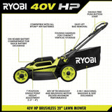 RYOBI 20 in. 40V HP Brushless Cordless Push Lawn Mower & 650 CFM Blower Kit with 6.0 Ah Battery, 4.0 Ah Battery & Fast Chargers