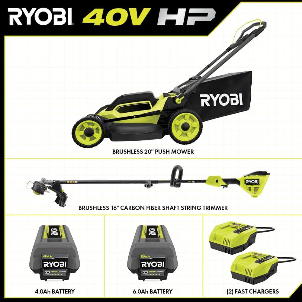 RYOBI 40V HP Brushless 20 in. Whisper Series Cordless Walk-Behind Multi-Blade Push Mower w/ (2) 6.0 Ah Batteries & Charger