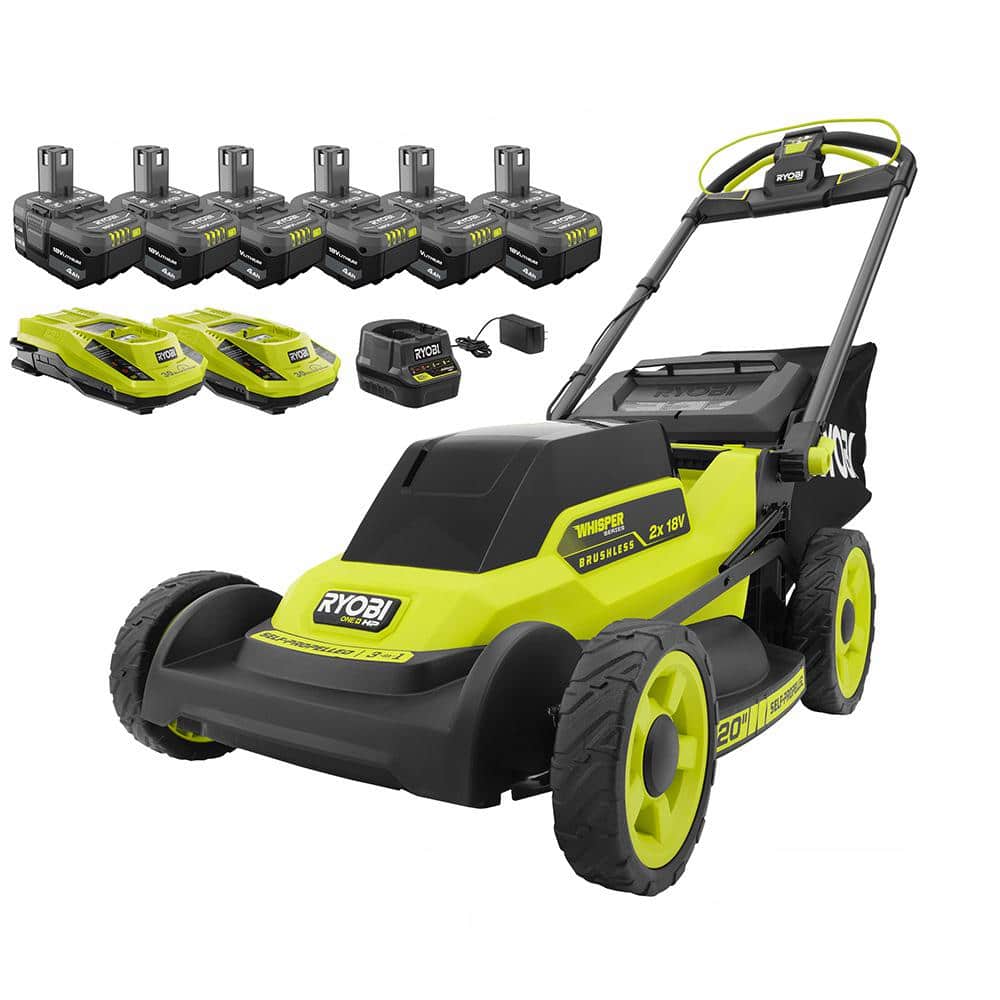 RYOBI ONE+ 18V HP Brushless Whisper Series 20" Self-Propelled Dual Blade Walk Behind Mower-(6) 4.0 Batteries and (3) Chargers