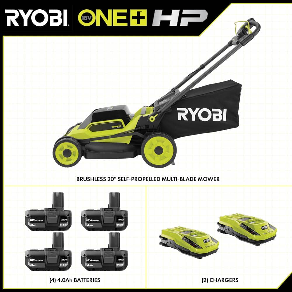 RYOBI ONE+ 18V HP Brushless Whisper Series 20" Self-Propelled Multi-Blade Walk Behind Mower - (4) 4.0 Batteries & (2) Chargers