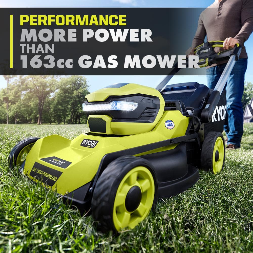 RYOBI 40V HP Brushless 21 in. Cordless Battery Walk Behind Self-Propelled Lawn Mower & Blower (2) 6.0 Ah Batteries and Charger