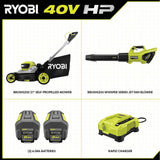 RYOBI 40V HP Brushless 21 in. Cordless Battery Walk Behind Self-Propelled Lawn Mower & Blower (2) 6.0 Ah Batteries and Charger