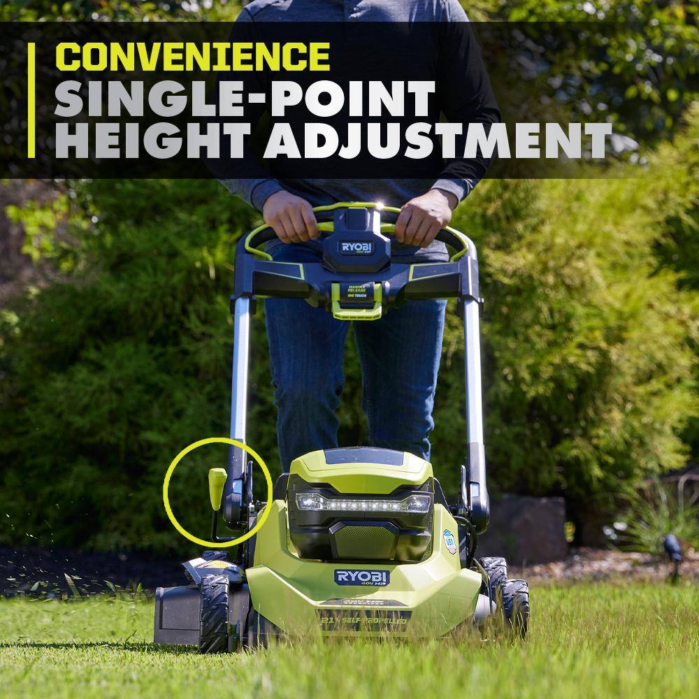 RYOBI 40V HP Brushless 21 in. Cordless Battery Walk Behind Self-Propelled Lawn Mower & Blower (2) 6.0 Ah Batteries and Charger