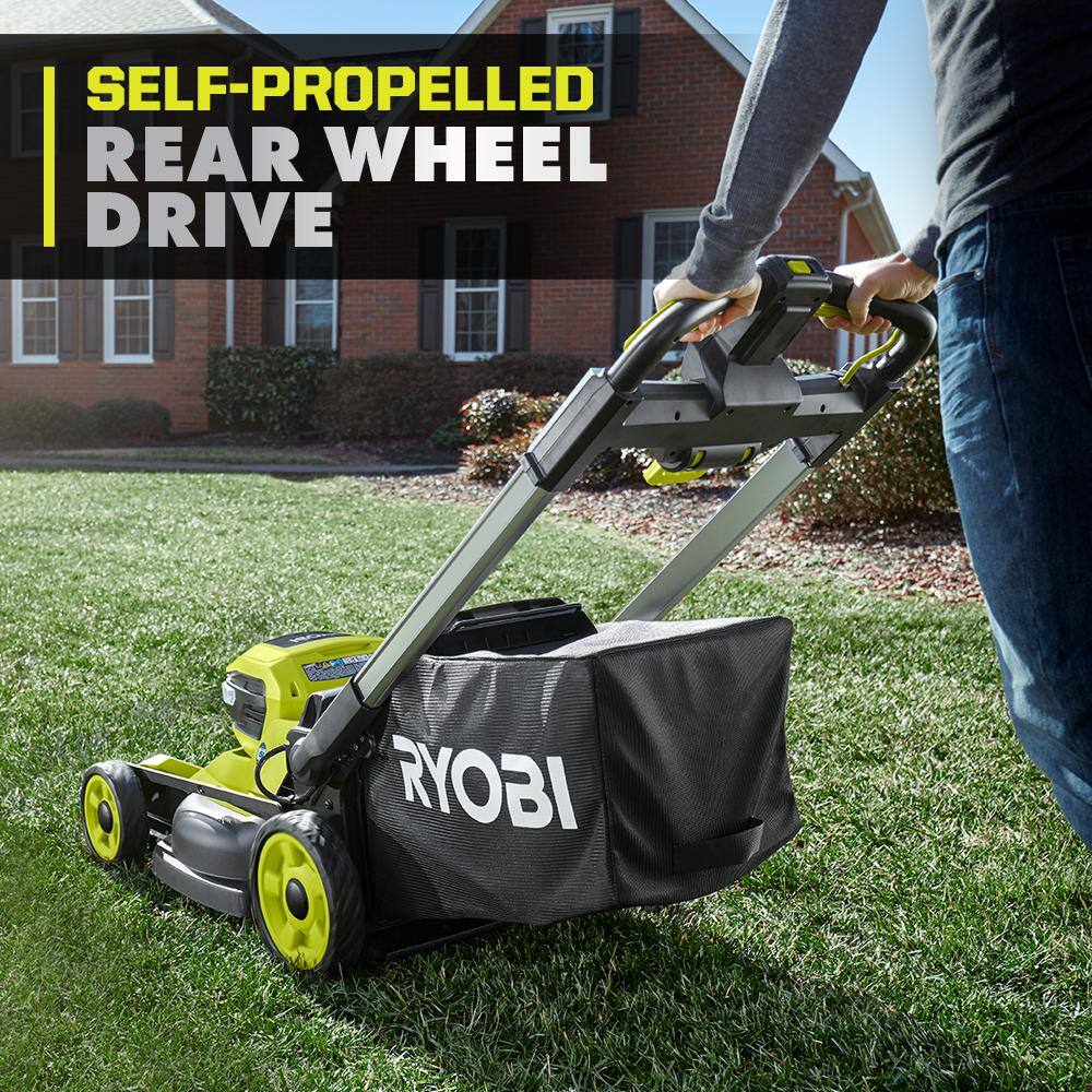 RYOBI 40V HP Brushless 21 in. Cordless Battery Walk Behind Self-Propelled Lawn Mower & Blower (2) 6.0 Ah Batteries and Charger