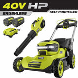 RYOBI 40V HP Brushless 21 in. Cordless Battery Walk Behind Self-Propelled Lawn Mower & Blower (2) 6.0 Ah Batteries and Charger
