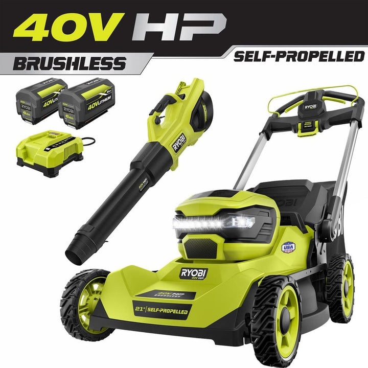 RYOBI 40V HP Brushless 21 in. Cordless Battery Walk Behind Self-Propelled Lawn Mower & Blower (2) 6.0 Ah Batteries and Charger