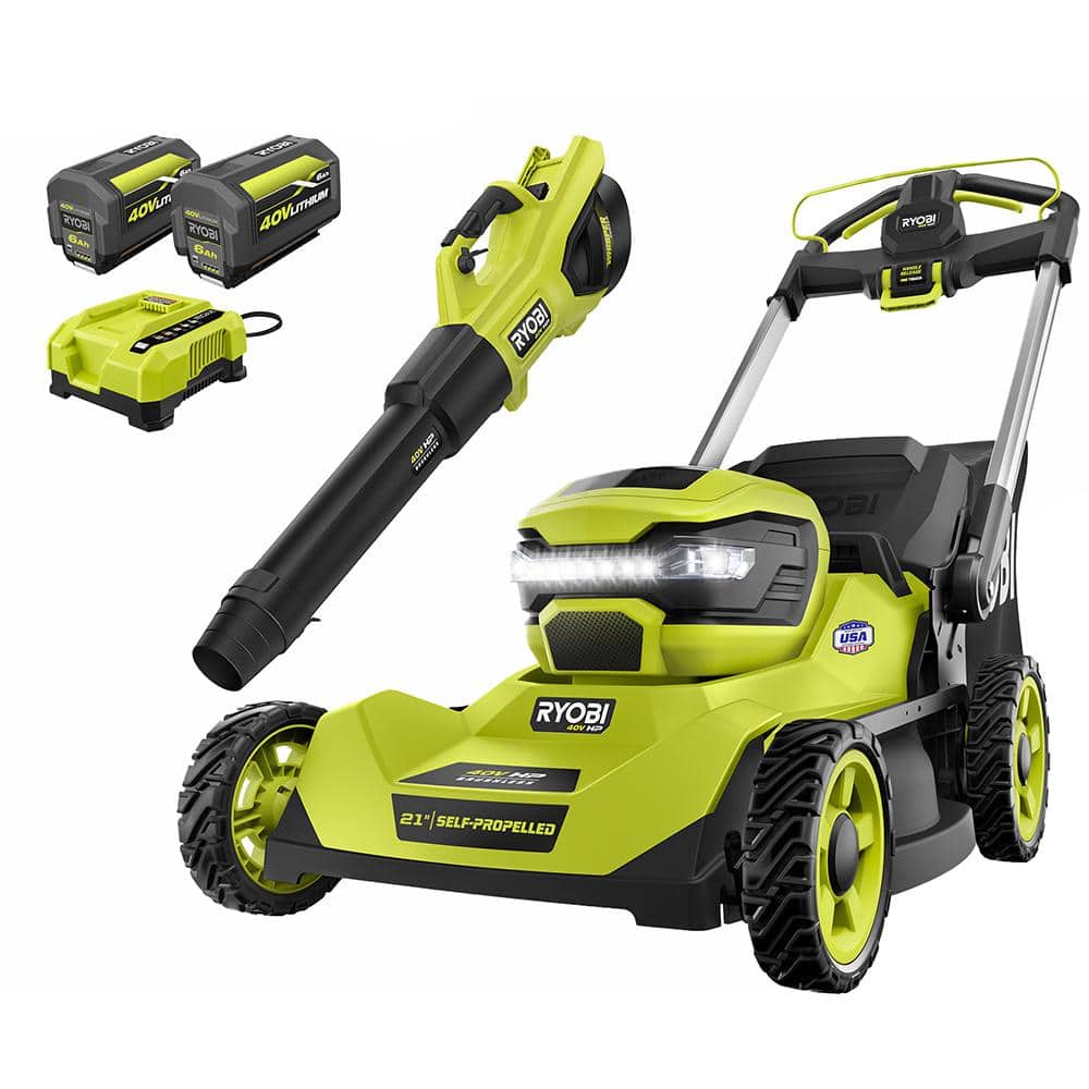 RYOBI 40V HP Brushless 21 in. Cordless Battery Walk Behind Self-Propelled Lawn Mower & Blower (2) 6.0 Ah Batteries and Charger