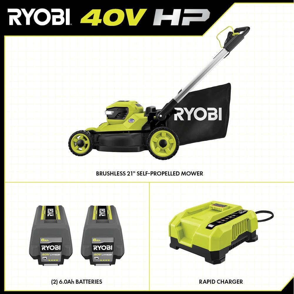 RYOBI 40V HP Brushless 21 in. Cordless Battery Walk Behind Self-Propelled Lawn Mower with (2) 6.0 Ah Batteries and Charger