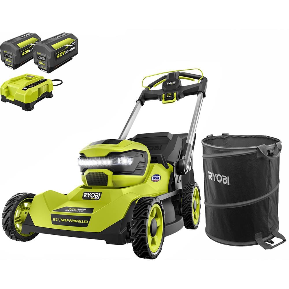 RYOBI 40V HP Brushless 21 in. Cordless Battery Walk Behind Self-Propelled Mower with (2) Batteries, Charger, Lawn & Leaf Bag