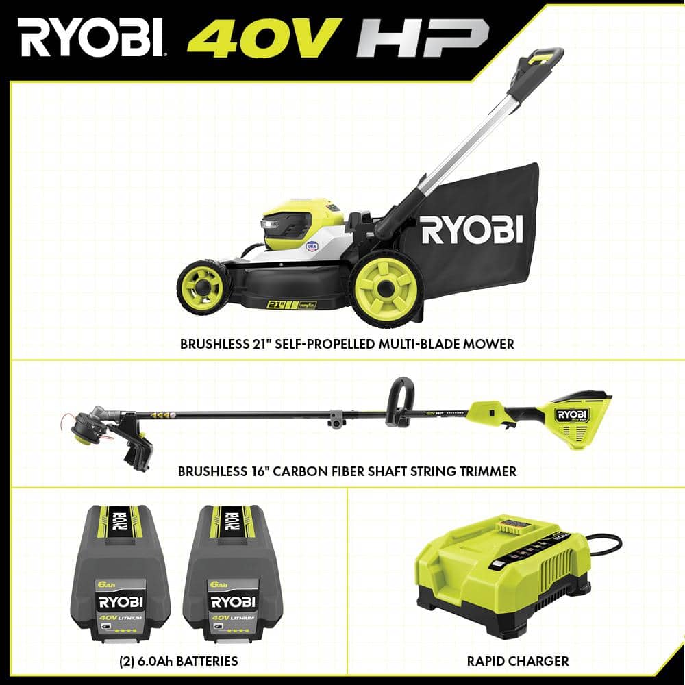 RYOBI 40-Volt HP Brushless 21 in. Cordless Walk Behind Multi-Blade Self-Propelled Mower & Trimmer - 2 Batteries and 2 Chargers