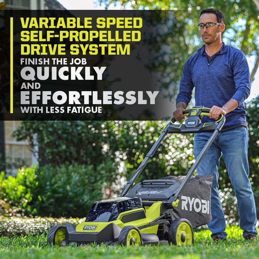 RYOBI 40V HP Brushless 20 in. Cordless Battery Walk Behind Self-Propelled Mower, Trimmer, Blower with Batteries and Chargers